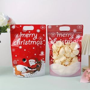 Customized Printed Stand Up Pouch Zipper Christmas Gift Wrap Bags With Handle Hole