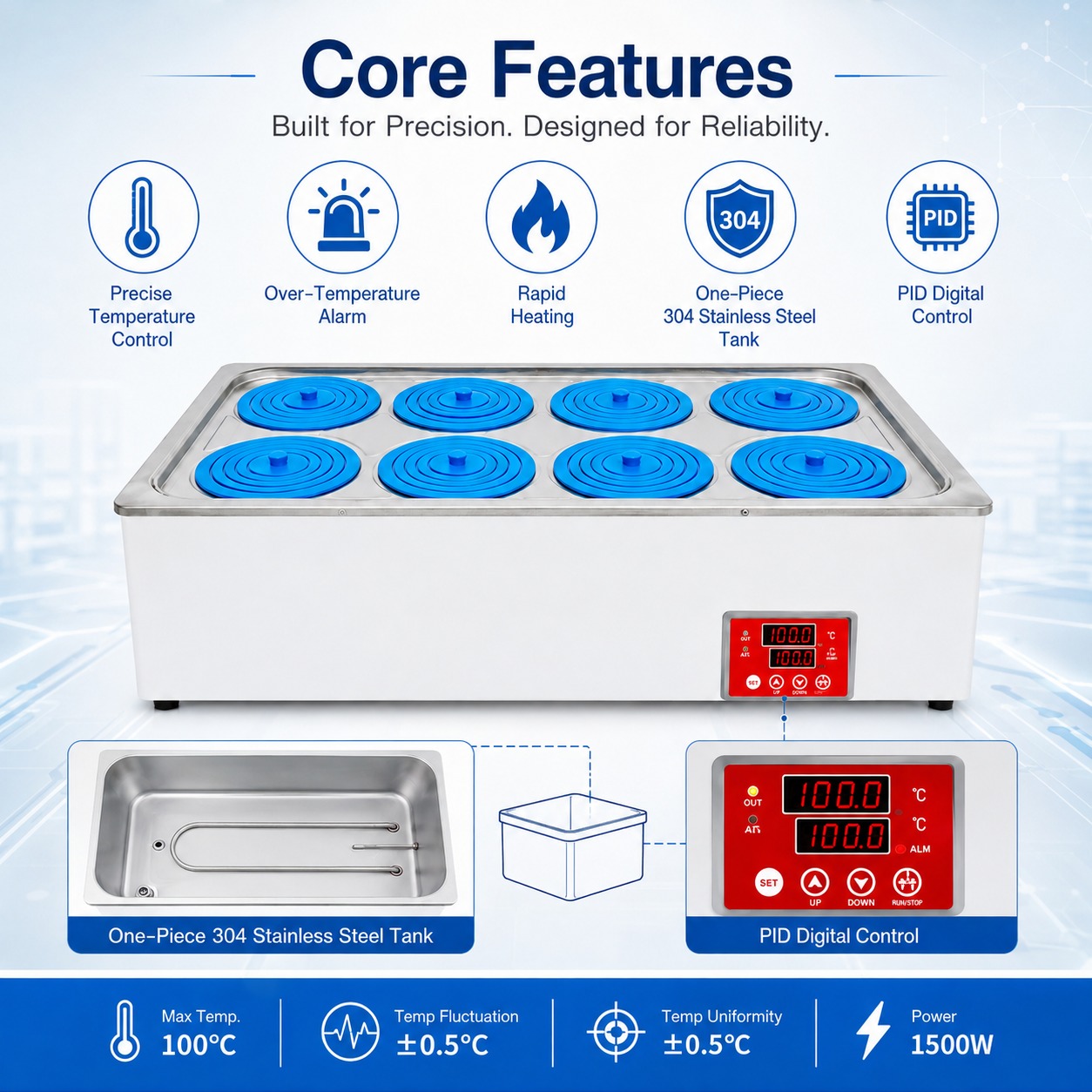 Cenlee Aquaculture Hygiene Education Lab Safe Heating HH-8 8-Hole PID Control 100°C Water-Shortage Protection Digital Water Bath