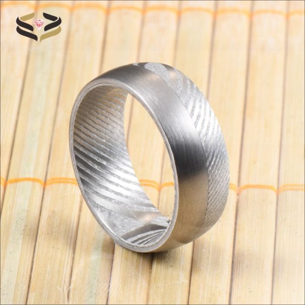 Men Fashion Jewelry 8mm Damascus Steel Ring Inlay Silver Tungsten Loop Wedding Band with Jewelry Main Material and Pearl Type Other