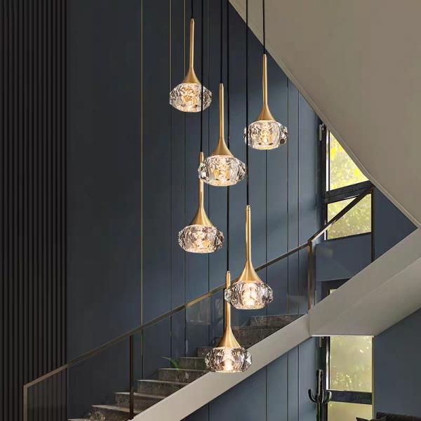 Modern Custom Gold Aluminum Long Ceiling Pendant Revolving Staircase Large Living Room Hanging Light LED Luxury Acrylic Chandelier