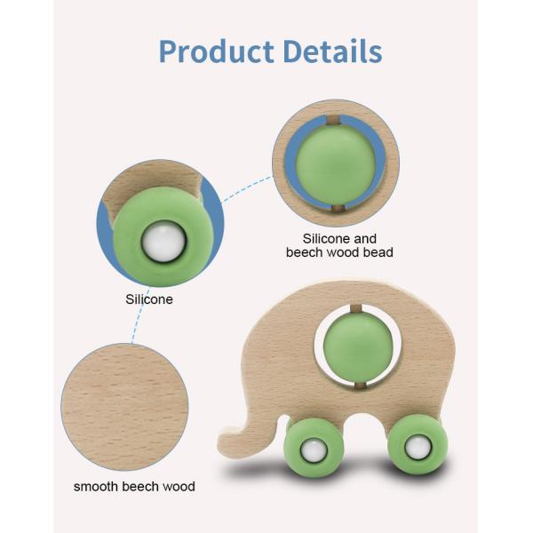 Educational Wooden FDA Elephant Silicone Teething Rattle Medical Grade