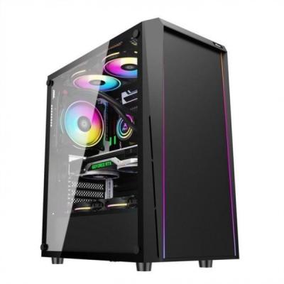ETEK - Caixa de computador de mesa Lâmina de LED ARGB no painel frontal, vidro temperado no painel lateral Painel superior de entrada/saída