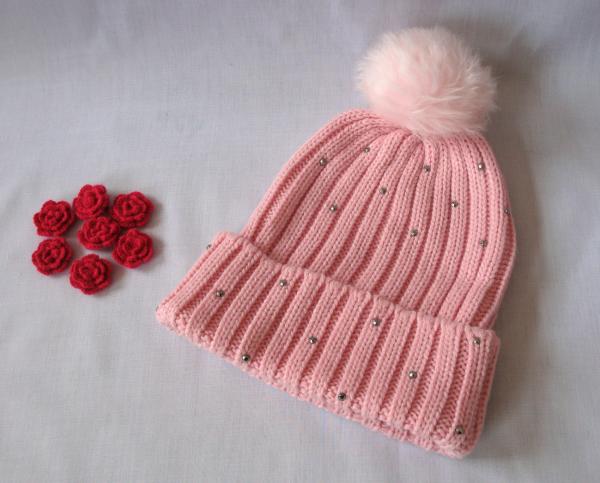 Hand Printing Lined Pom Pom Hat , Crochet Pattern Knitted Pom Pom Beanie Hat