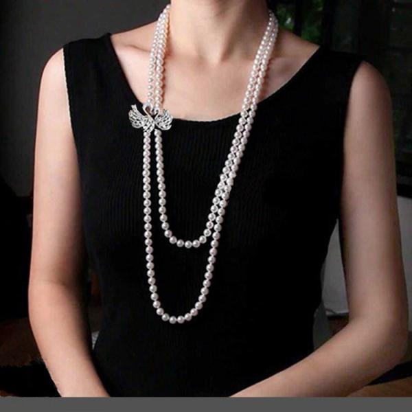 White 8mm Shell Pearl Double Strands Sweater Necklace with Cubic Zirocnia Swan Charm (SN702143SWAN)