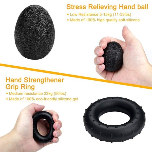 Hand Grip Strengthener Kit 5 Pack Black Adjustable Grip Trainer Finger Exerciser Grip Ring And Stress Ball For Hand Wrist And Forearm Training
