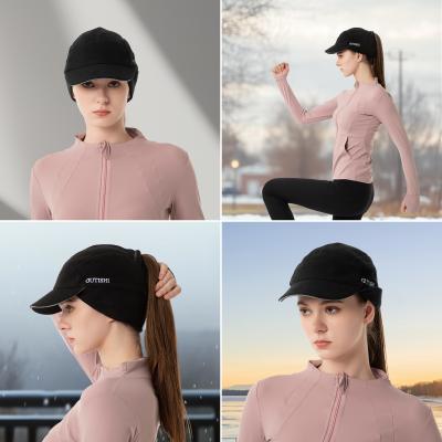Fleece Ponytail Hat for Women Reflective Winter Hat with Drop Down Ear Warmer
