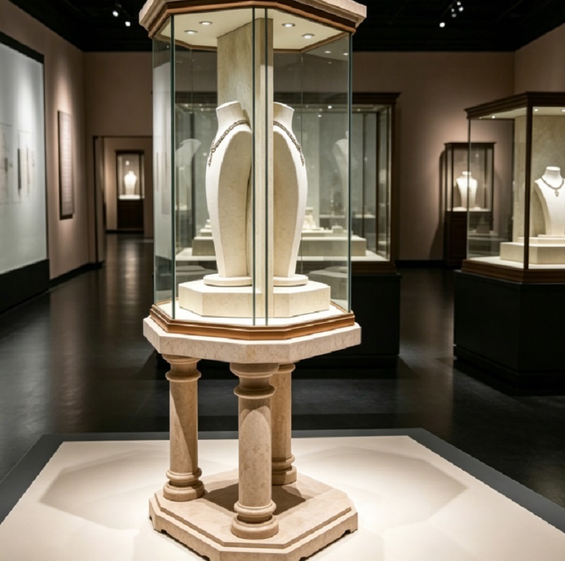 Premium Ultra-Clear Tempered Glass Jewelry Display Cabinet with Natural Marble Base and Built-in High-CRI LED Lighting