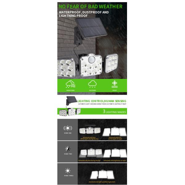 Powered Outdoor Solar LED Wall Lights With Sensor 195x130x100mm 122 SMD LED 1.8w