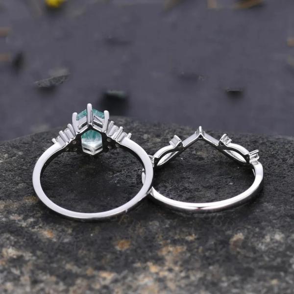 Шестиугольник захвата 925 стерлинговый серебряный отрезал агат мха естественного кольца кварца реальный зеленый