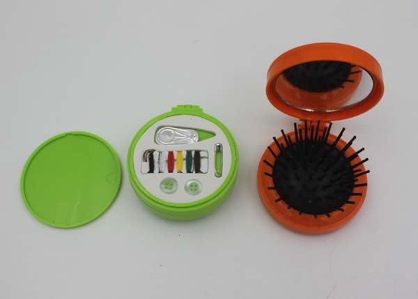 Round Plastic ABS + Rubber + Nylon Mini Sewing Kit / Compact Hair Brush With Mirror