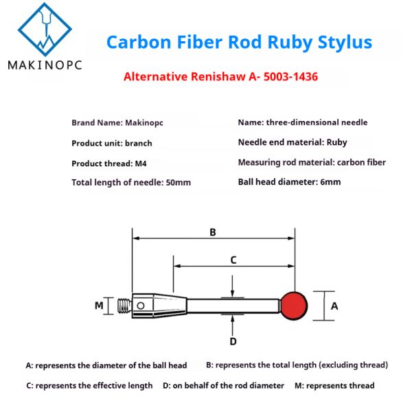 Renishaw A-5003-1436 Probe 3D Stylus 6.0 Ruby 50mm Long M4 Carbon Fiber Rod for Milling Machine Industry 1 Year Warranty