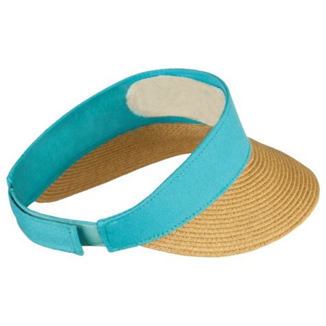 Straw Wide Brim Sun Visor Hat With Turquoise UPF Canvas Paper Braid / Metal Ring Closure