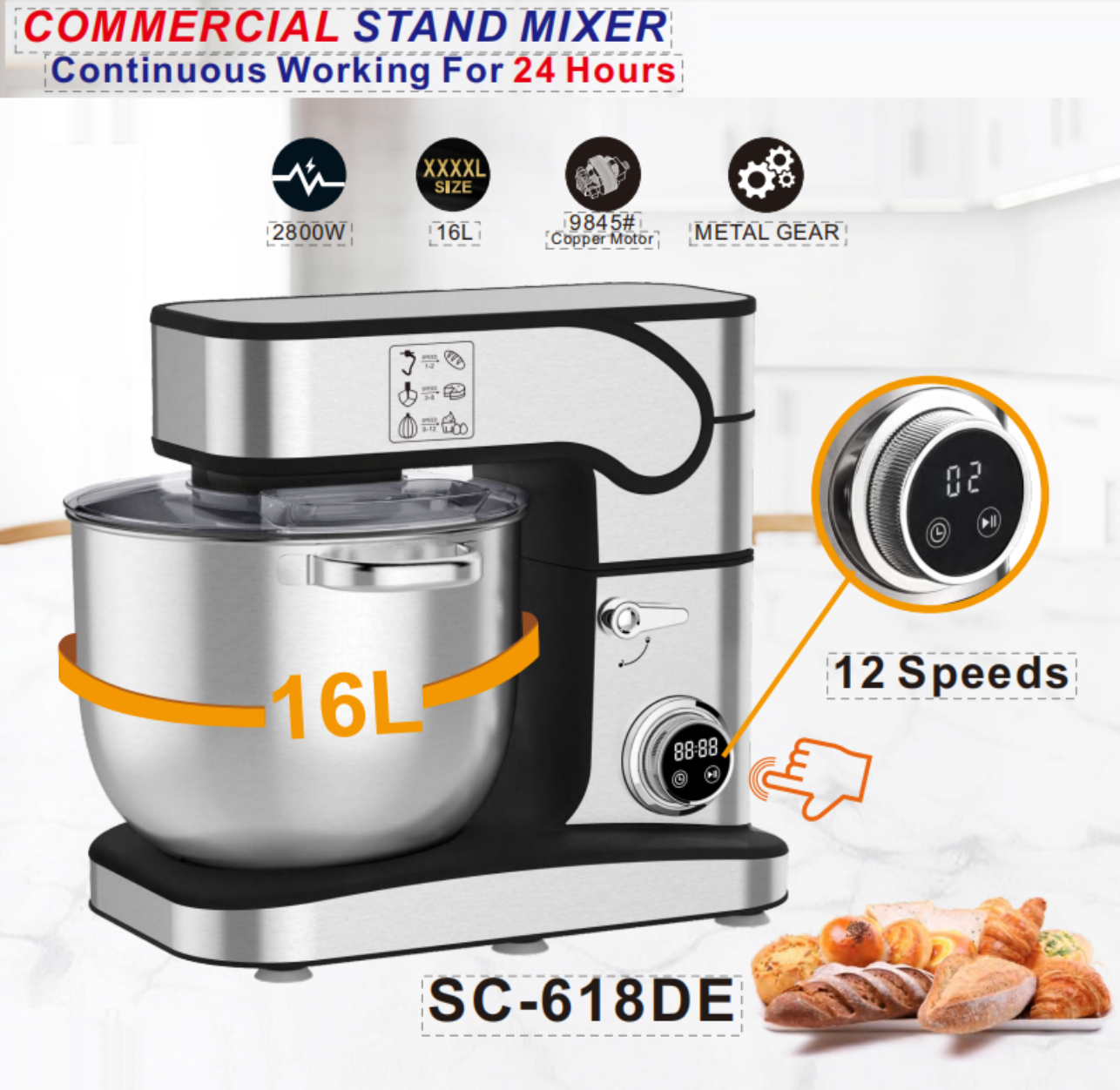 16L 2800W Commercial Stand Mixer with 9845 Copper Motor