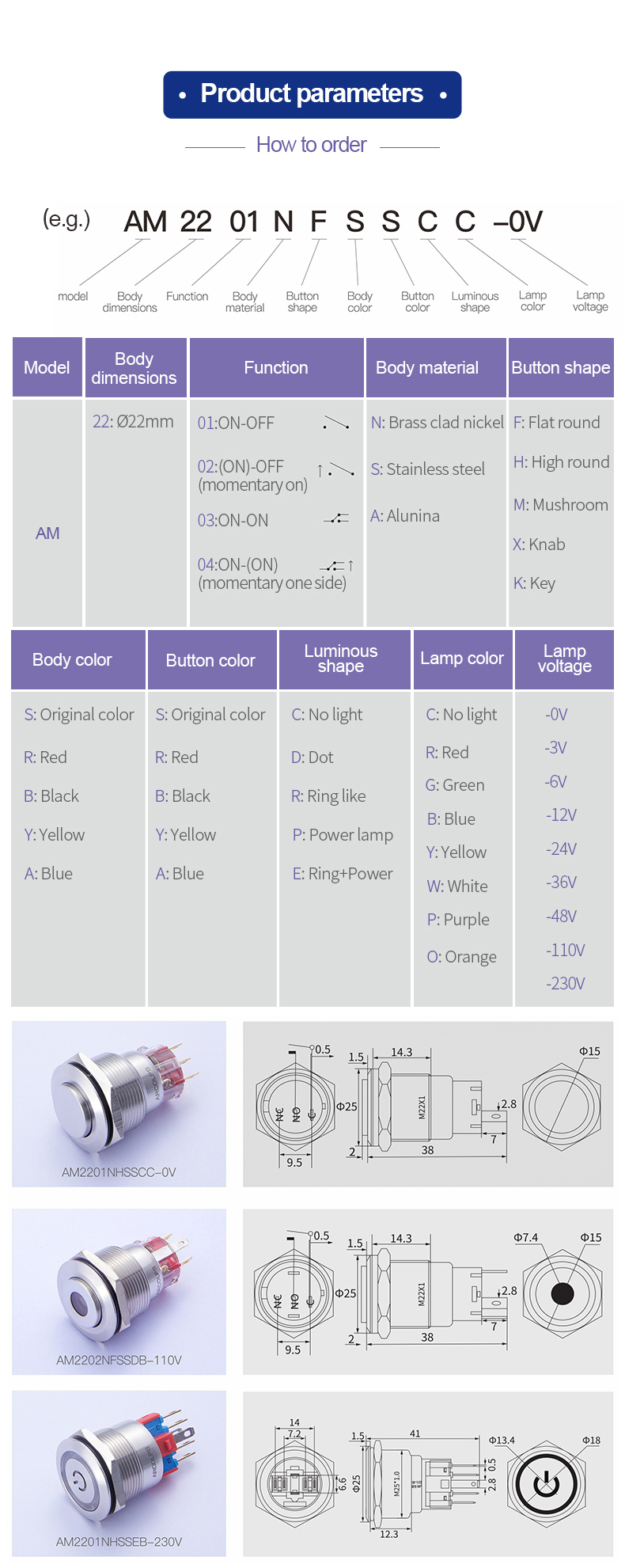 Tri Color LED RGB Push Button Switch 22mm Waterproof Momentary Switch
