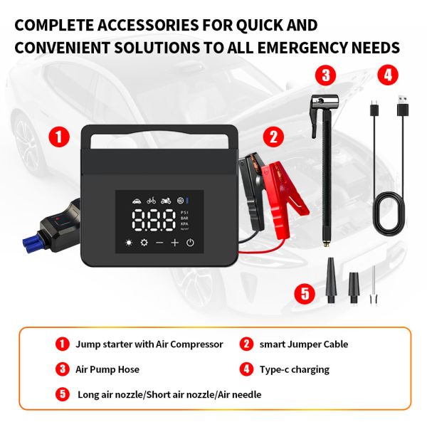 6 In 1 Wireless Portable Car Power Bank Jump Starter With Tire Inflator Blower LED Digital Display