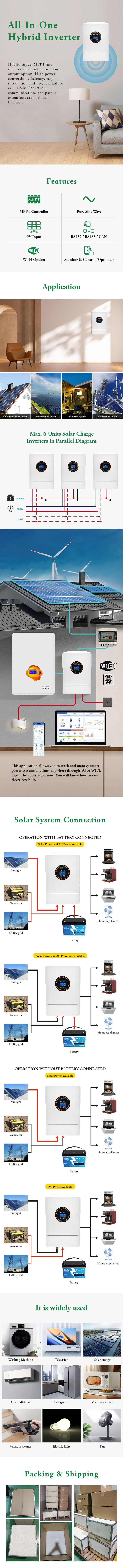 6KW All In One Hybrid Inverter Pure Sine Wave MPPT Controller RS232 / RS485 / CAN PV Input Household Mobile Applications & Cloud BMS