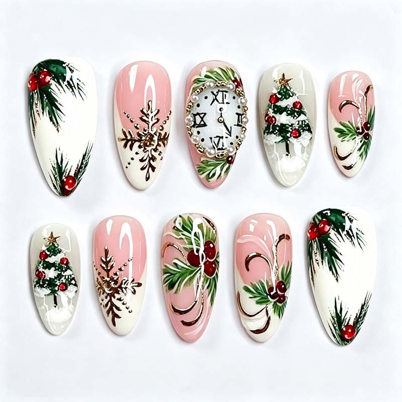Medium Almond Christmas Tree Holiday False Nails No Nail Salon Visit Needed