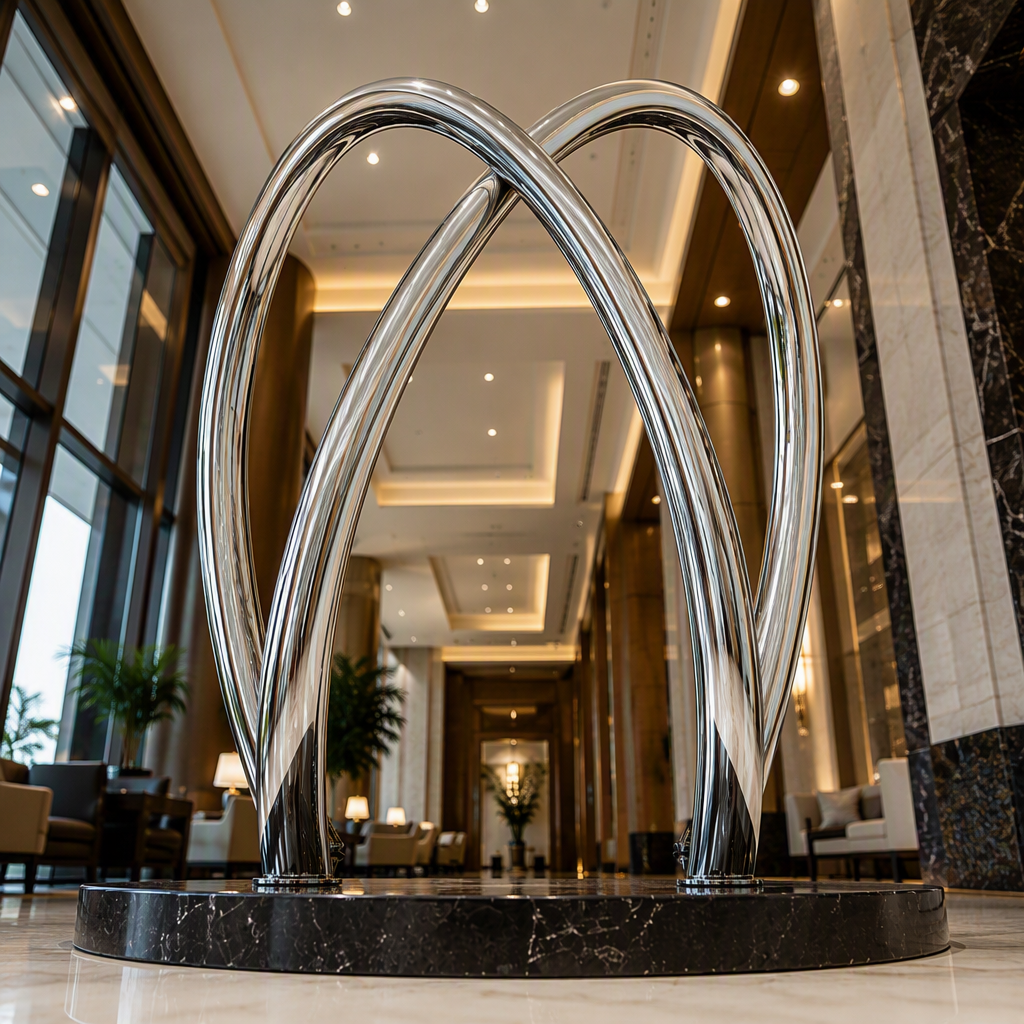 Mirror Polished Stainless Steel Double Arch Tube Sculpture, Modern Abstract Art Decor