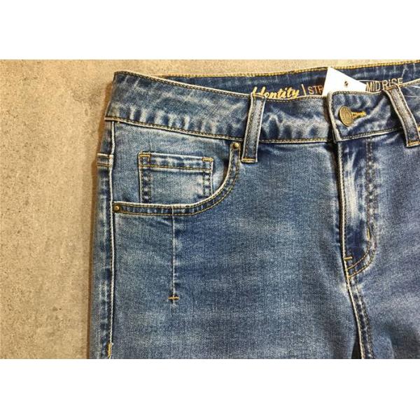Light Wash Straight Leg Ladies Denim Jeans With Hem Rolled Cotton Strench Denim