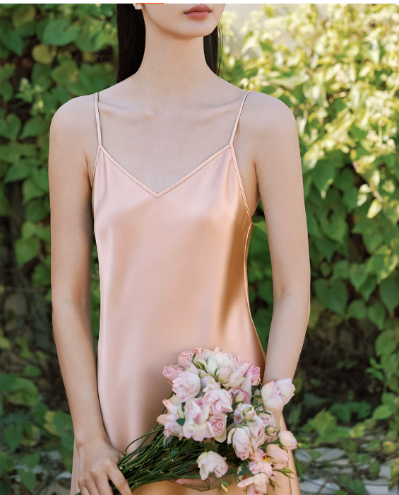 100% Mulberry Silk Nightdress with Adjustable Thin Straps and Breathable Moisture-Wicking Fabric