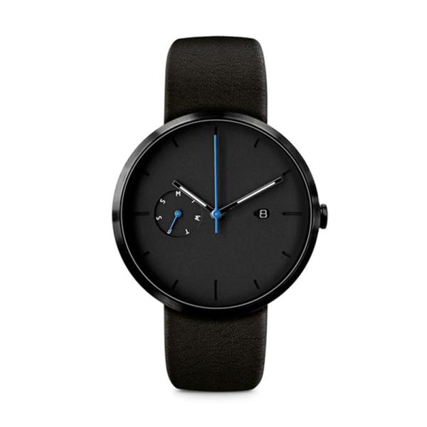 Round case IP black burshed japanse quartz wrist watch with leather strap