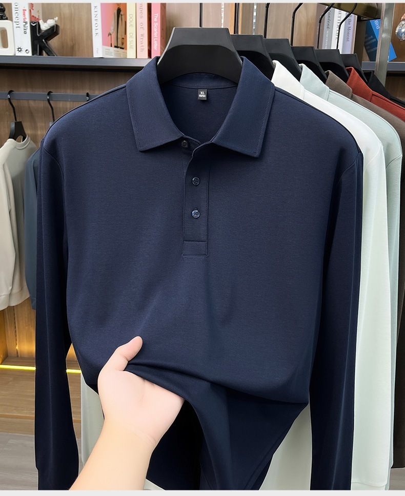 Men's Long Sleeve Polo Shirt with Minimalist Design in Cotton Blend for Business Casual Wear