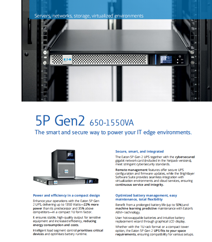 Eaton 5P Gen2 650VA 100Wh Line-interactive Tower UPS with 160V-294V Input Range