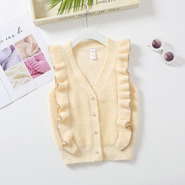 Knitting  Ruffles Patterns Children Sleeveless Sweater Wholesale Baby Girls Feather Yarn Sweater Vest