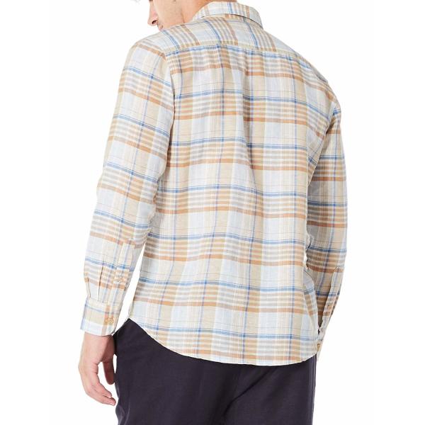 Beige Plaid 48% Cotton Mens Casual Linen Shirts Pointed Collar Long Sleeve
