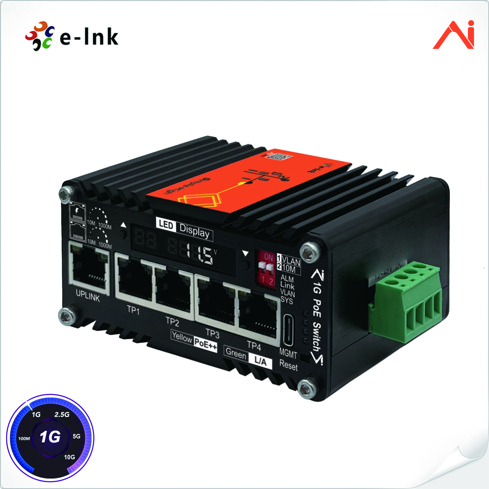 4-Port 10/100/1000Base-T IEEE802.3at PoE+ 30W to 1-Port 10/100/1000Base-T Uplink Mini Industrial AI Smart Managed PoE+ Ethernet Switch with Voltage Booster System