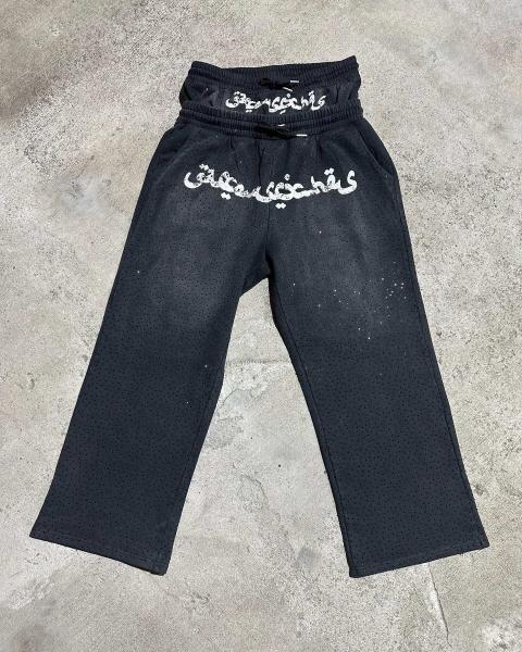 Vintage Acid Wash Distressed Rhinestone Double Waist Flared Baggy Sweatpants 100% algodão
