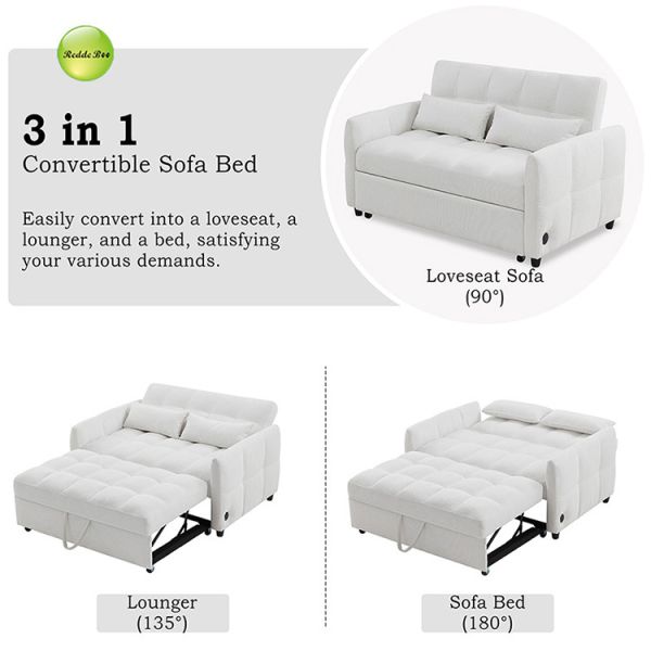 Modern Chenille Fabric Pull out Sofa Bed With USB Charge Saving-Sapce 2 Seater Sofa For Living Room Furniture