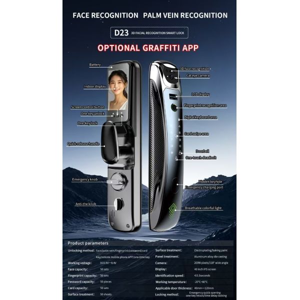 Factory Selling Durable Anti-Theft Smart Fingerprint & WiFi 3D Face Recognition Door Lock with Key