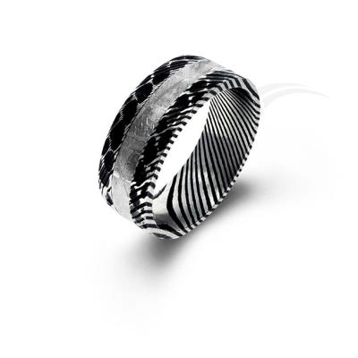 Damascus Steel And Meteorite Ring With Unique Patterns For Modern Weddings