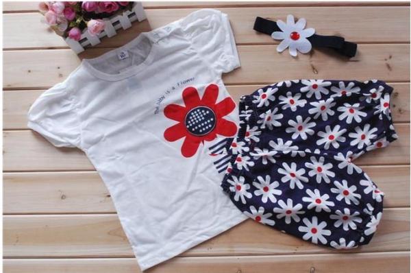Baby set Girls Kids T Shirt Headband Top Pants Shorts Flower 3pcs Outfit Clothes set
