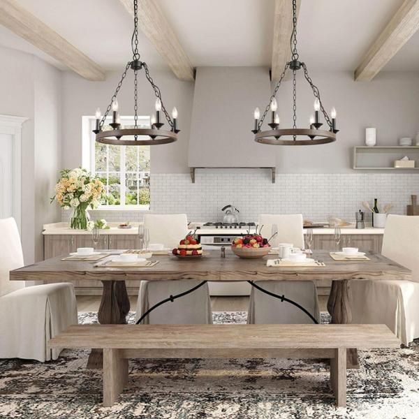 60Hz Vintage Pendant Lamps 6 Bulb Farmhouse Wooden Chandeliers Pendant Lights Hanging