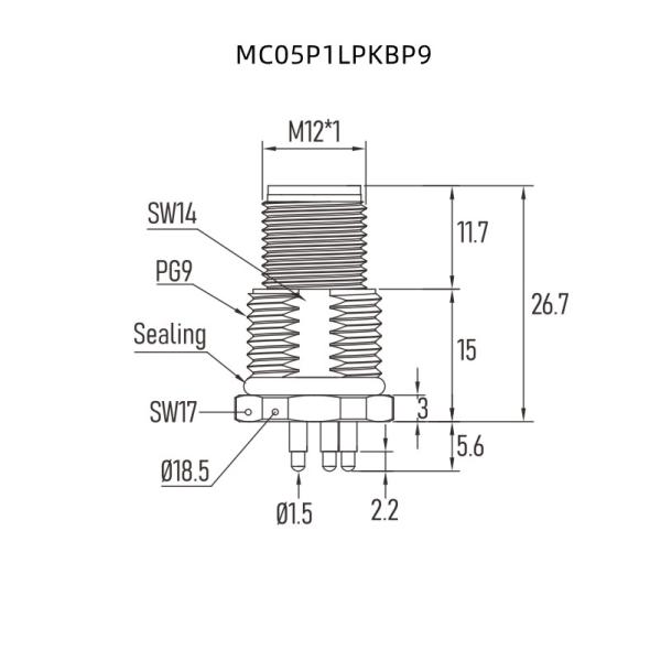 Крепление лицевой стороны соединителя панели M12 t силы 16DC мужское с контактами PG9 PCB