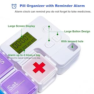 7 Day Medicine Pill Organizer, 4 Reminder Alarms, Loud Sound, 14 Large Compartments, Large Screen, Moisture-Proof, Travel Weekly/Daily Pill Box/Organizer/Case/Container/Dispenser, AM/PM 2 Times A Day