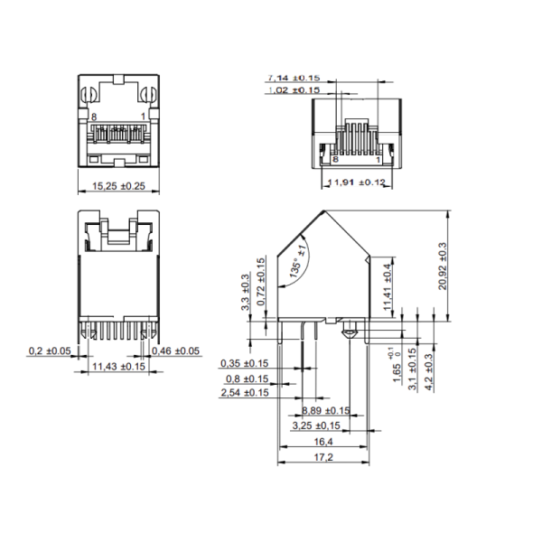 615008145121 45° 8P8C Modular Jack With Reverse Metal Post Tail