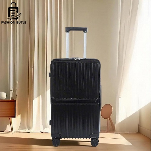 Front-Opening Pocket Laptop Suitcase with USB Power Port | Cabin Size (Black, 20-inch) | Suitcase Supplier Features Hidden Cup Holder | PC Hard-Shell Suitcase