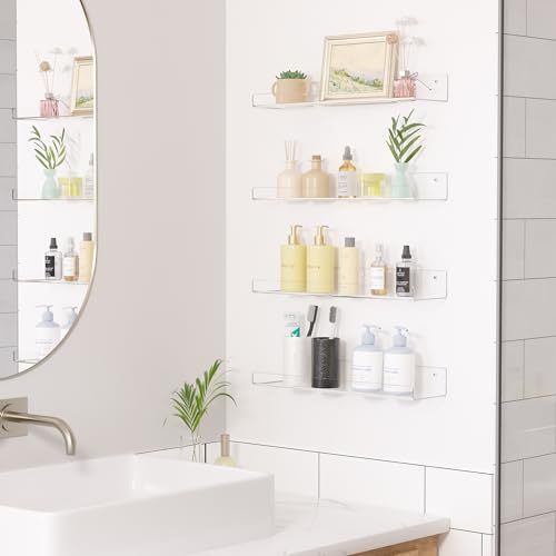 Punch-Free Acrylic Wall Shelf for Bathroom Single Tier Wall Hanging Bookshelf and Decoration Storage Shelf