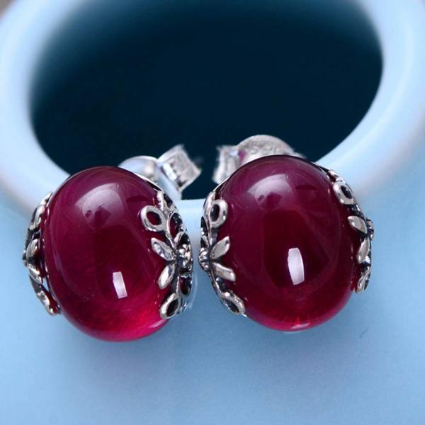 Sterling Silver Retro Style Oval Synthetic Ruby Stud Earrings (046690)