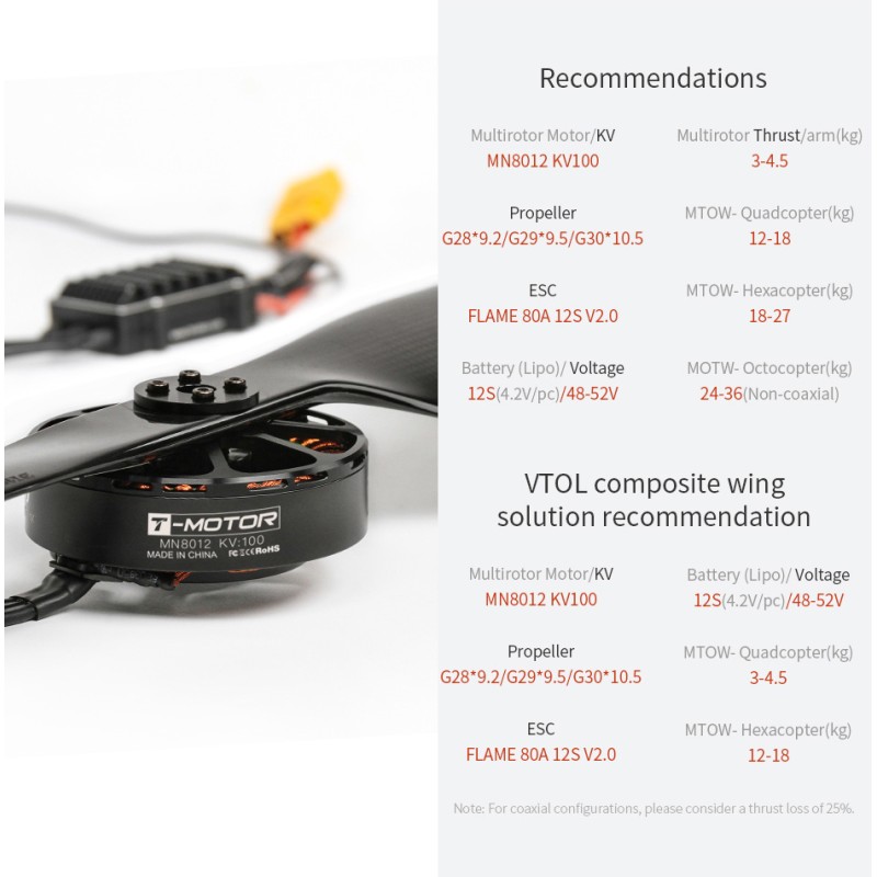 Antigravity MN8014 KV100 180 T-Motor Multi-Rotor Fixed Wing Efficient Brushless Motors And Lightweight Design.