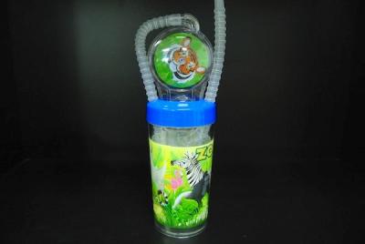 Funny Cartoon Character Water Bottle Plastic With Long Curly Straw OEM / ODM Available