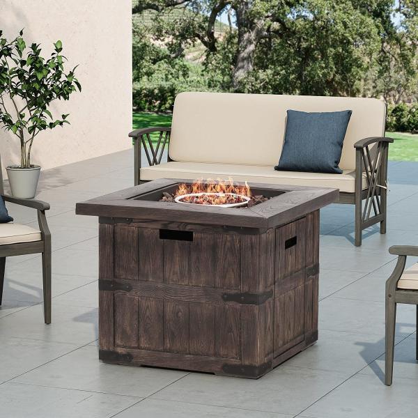 Brown Wood Gas Square Fire Pit For Gardern Indoor Outdoor