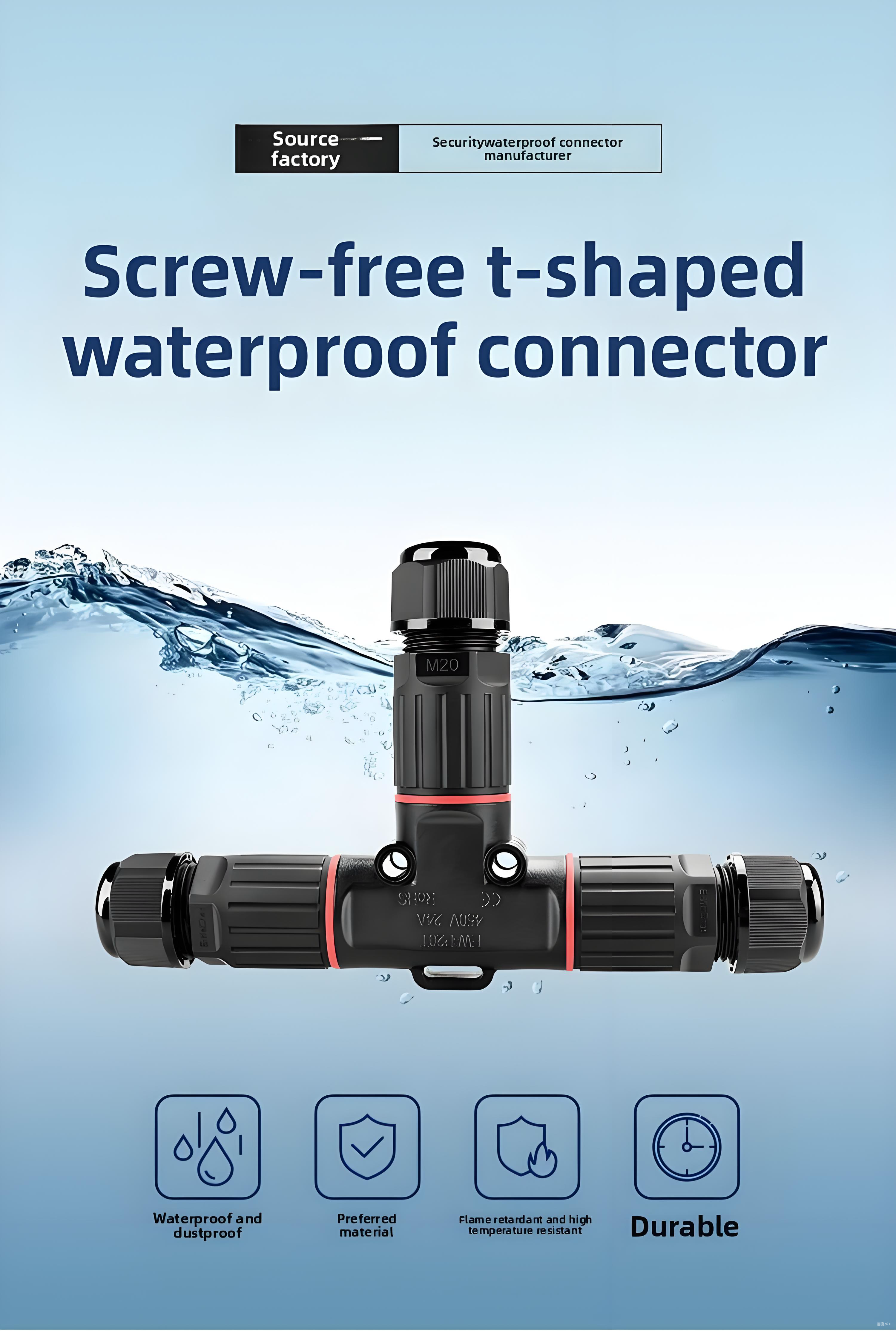 Waterproof Circular Connector T-Type 1 Input 2 Output with PA66 Material and 0.5mm²-2.5mm² Wire Gauge
