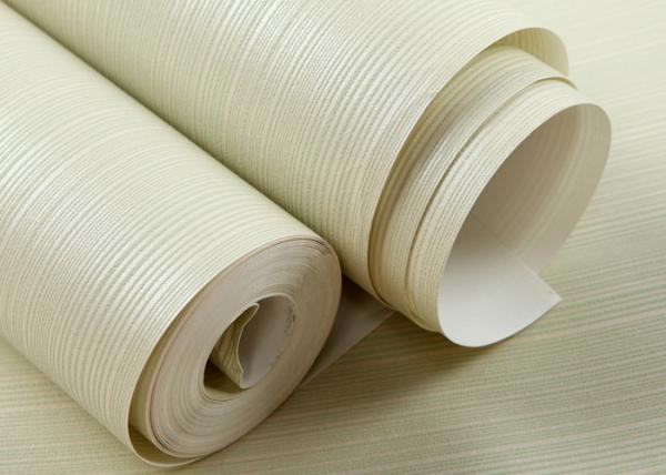 Non Woven Interior Decorating Wallpaper , Beige Flocking Striped Wallpaper For Living Rooms