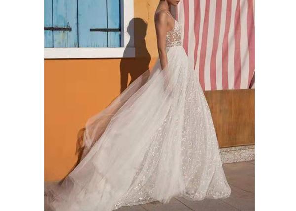 Off White Sling High Slit Lace A Line Bridal Gowns With Many Beads