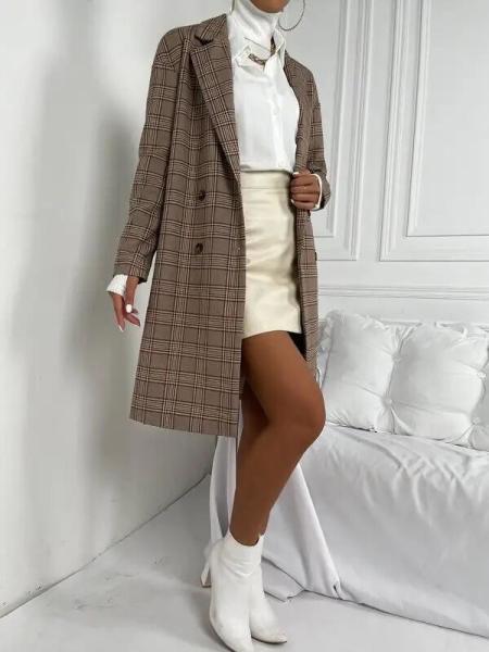                  Office Ladies Notched Collar Plaid Coat Women Blazer Double Breasted Trench Winter Jacket 2021 Casual Long Coats for Ladies             