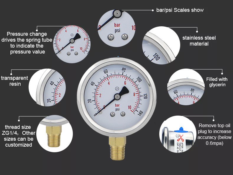 0.25kg Stainless Steel 2.5/63mm Analog Pressure Gauges for Hydraulic Water Gas Oil
